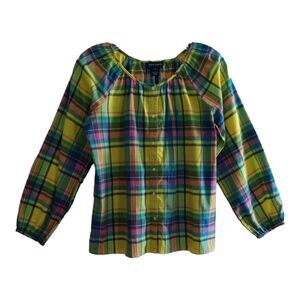 Ralph Lauren  Top Girl 14  Multicolor Plaid Button Up Peasant Long Sleeves